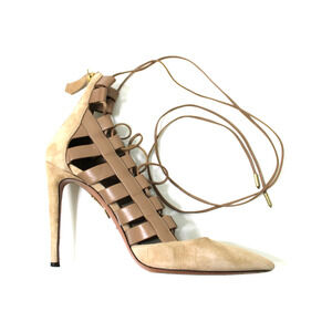 AQUAZZURA Nude Tan Suede Leather AMAZON Lace Up Gladiator Pumps Heels 37.5 Italy